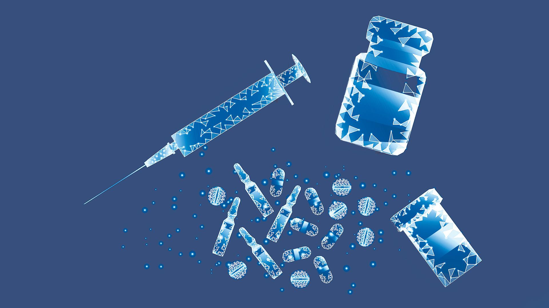 Una ilustración de frascos de pastillas, una jeringa y pequeños viales sellados, llamados ampollas.