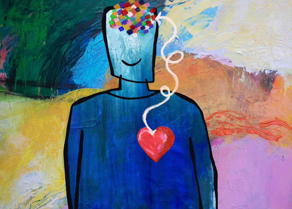 Mind and heart connection illustration man with brain and heart connected.