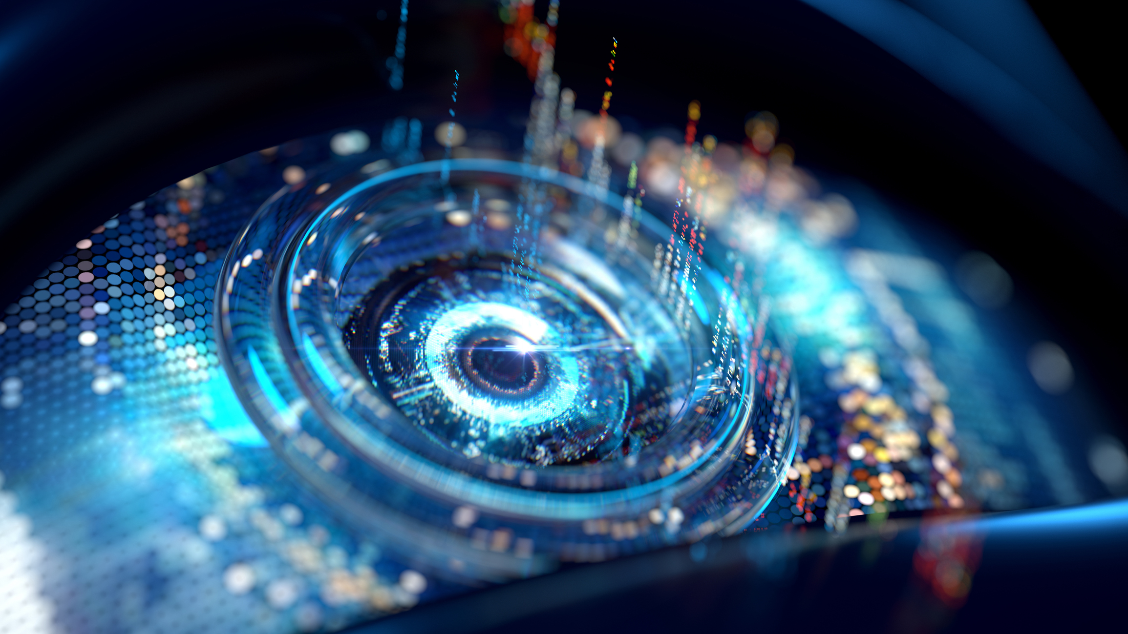 Concept 3D illustration of AI cyber eye close up.