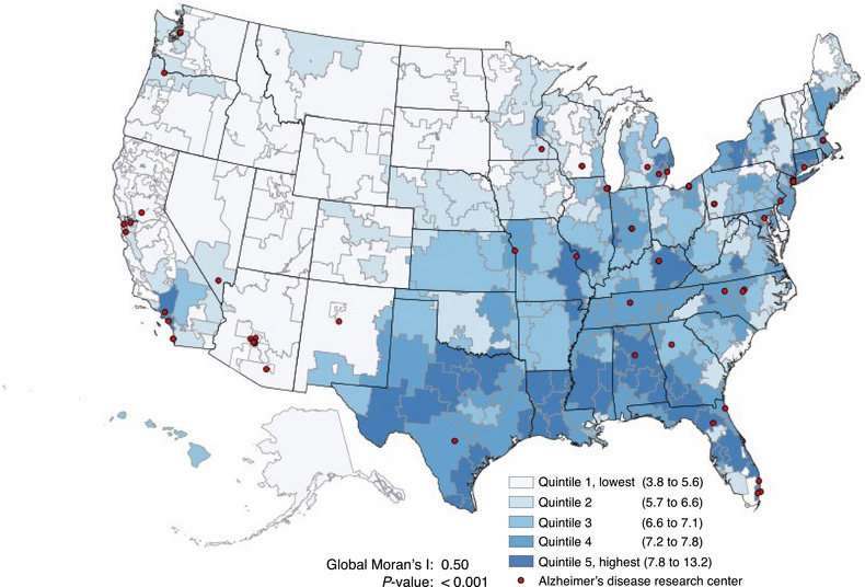 Map showing Geographic distribution of total older adults (≥66) ADRD‐diagnosed population.