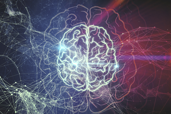 Glowing brain with polygonal mesh on colorful tech background.