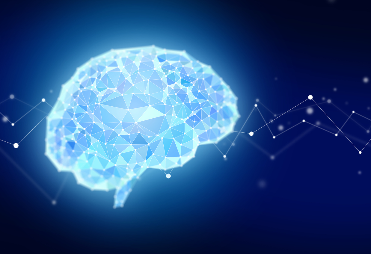Geometric Polygon Network Graphic of a Human Brain with Technology Background.
