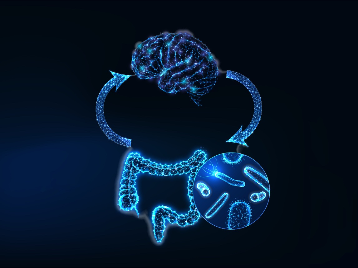 Futuristic gut brain axis, microbiome and mood connection concept with glowing low polygonal human intestine, brain, and gut flora isolated on dark blue background.