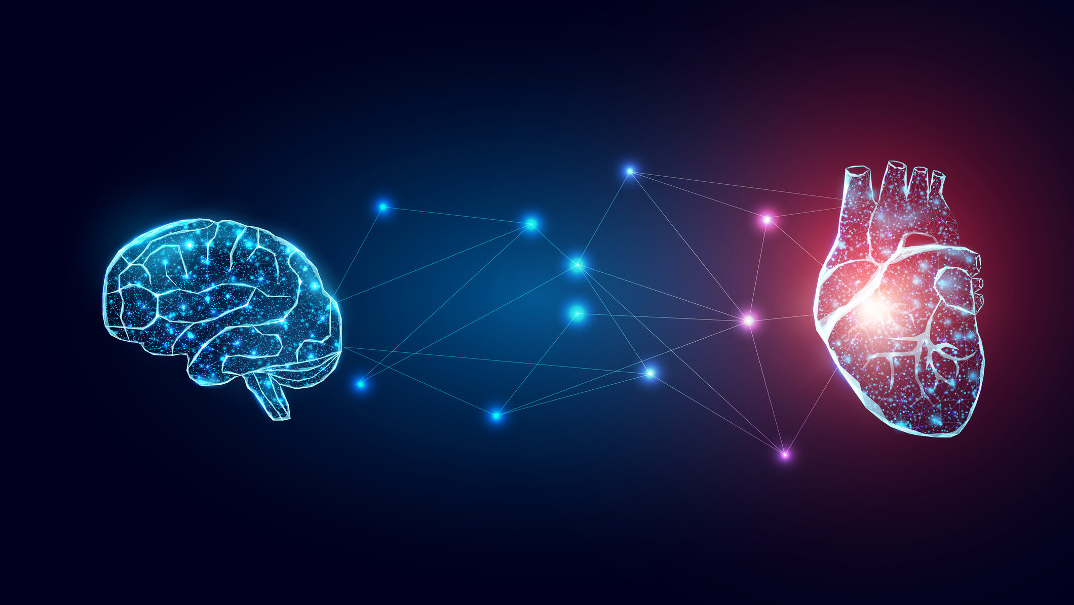 Illustration showing a brain and a heart connected by lines and nodes