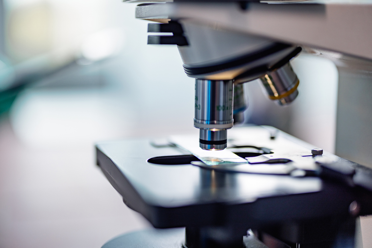 Close up view of microscope lenses.