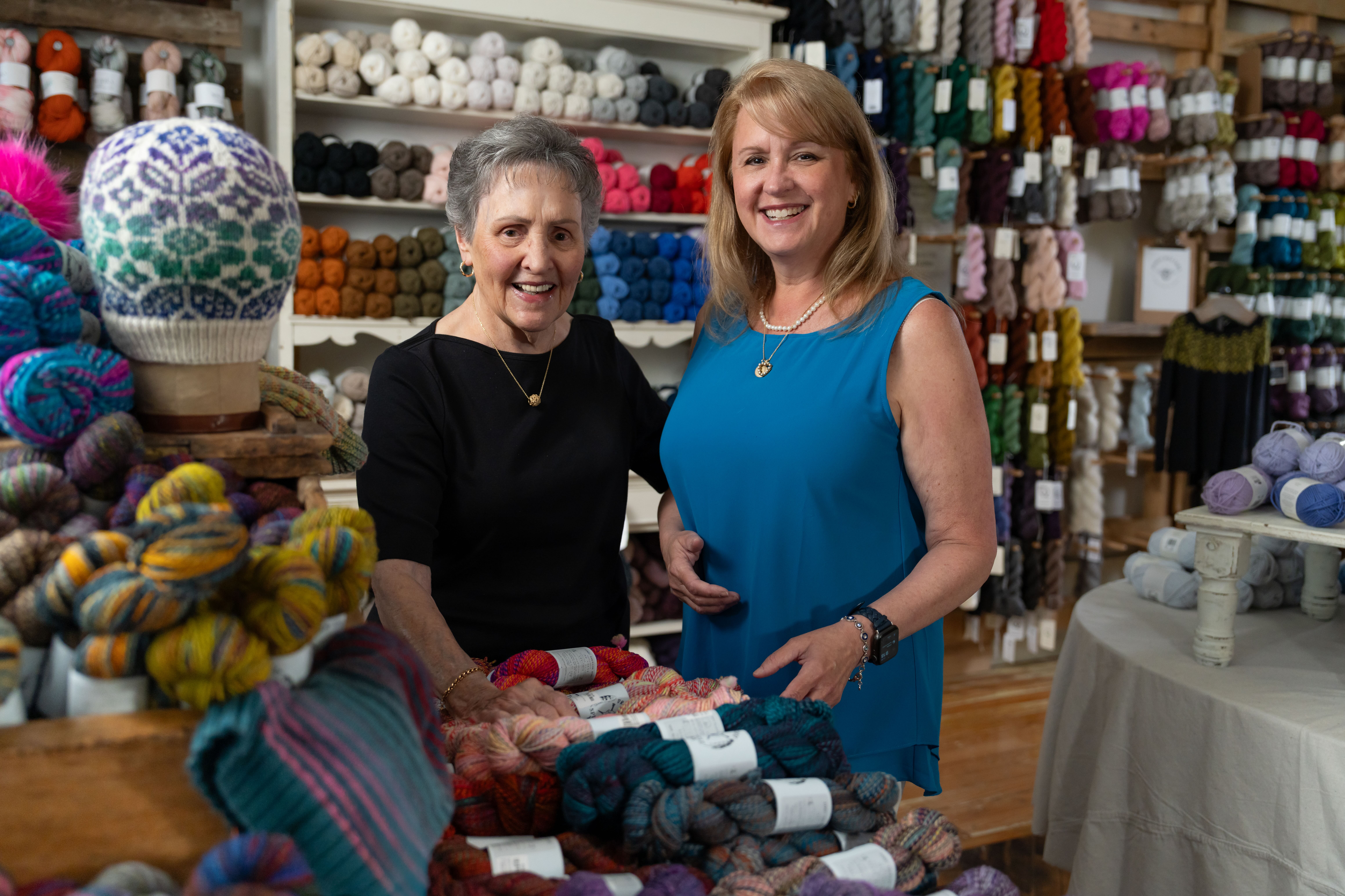 Teri and Gail Youngdale shopping for yarn at the knittery.