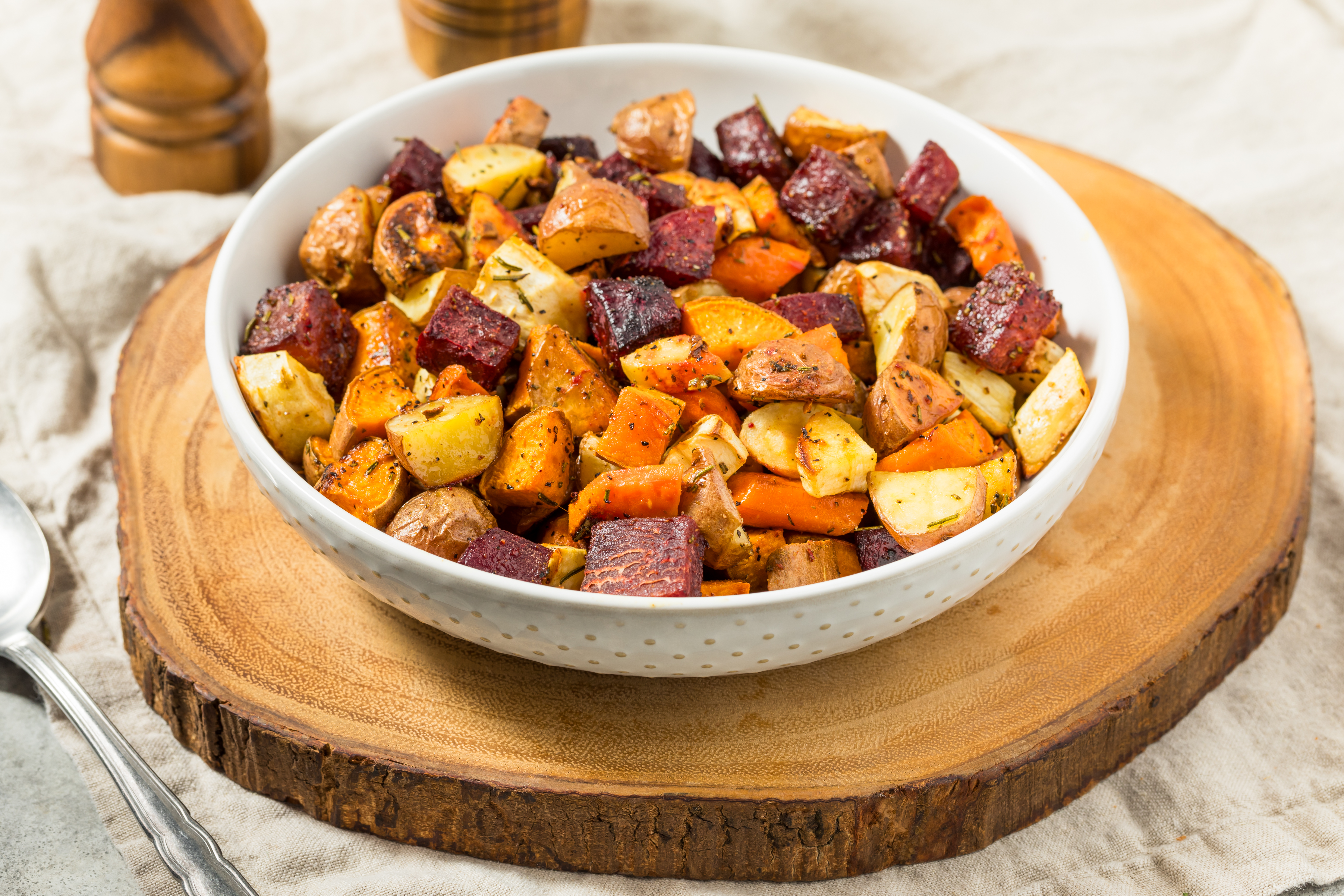 Homemade Healthy Autumn Roasted Root Vegetables with Potatoes and Carrots.